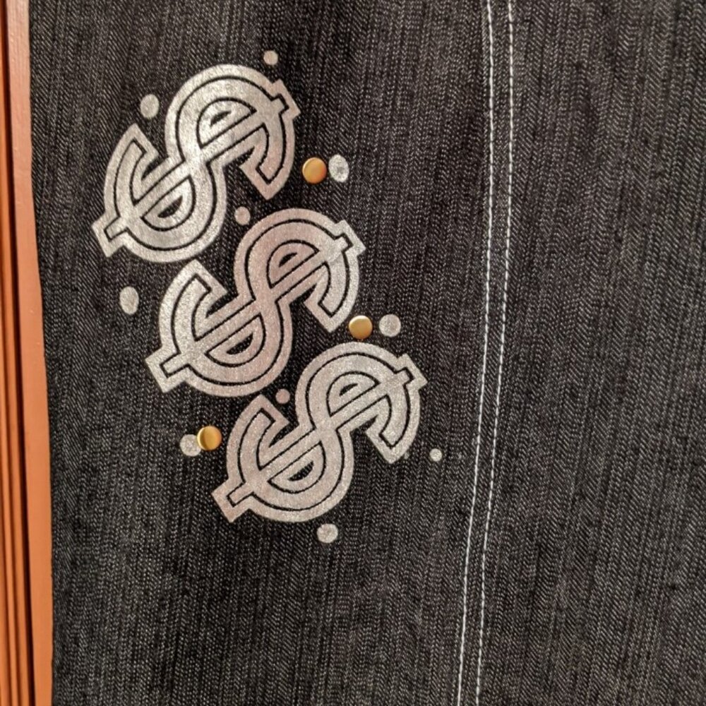 FINE JEANS STRETCH- PLUS SIZE 26 BLACK DENIM WITH DOLLAR SIGNS-HIGH RISE-
